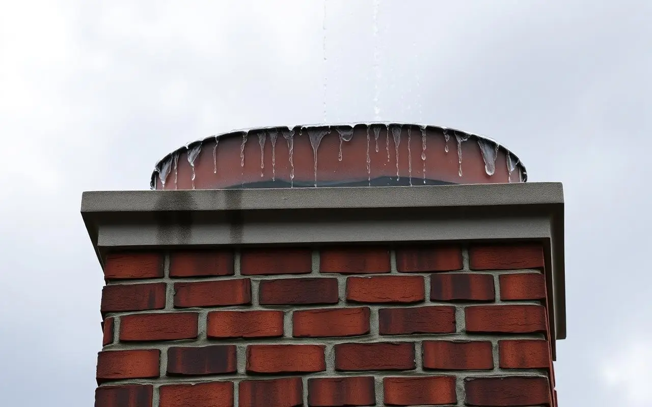 Concrete crown on top of a red brick chimney with rain running off its edge under a gray sky