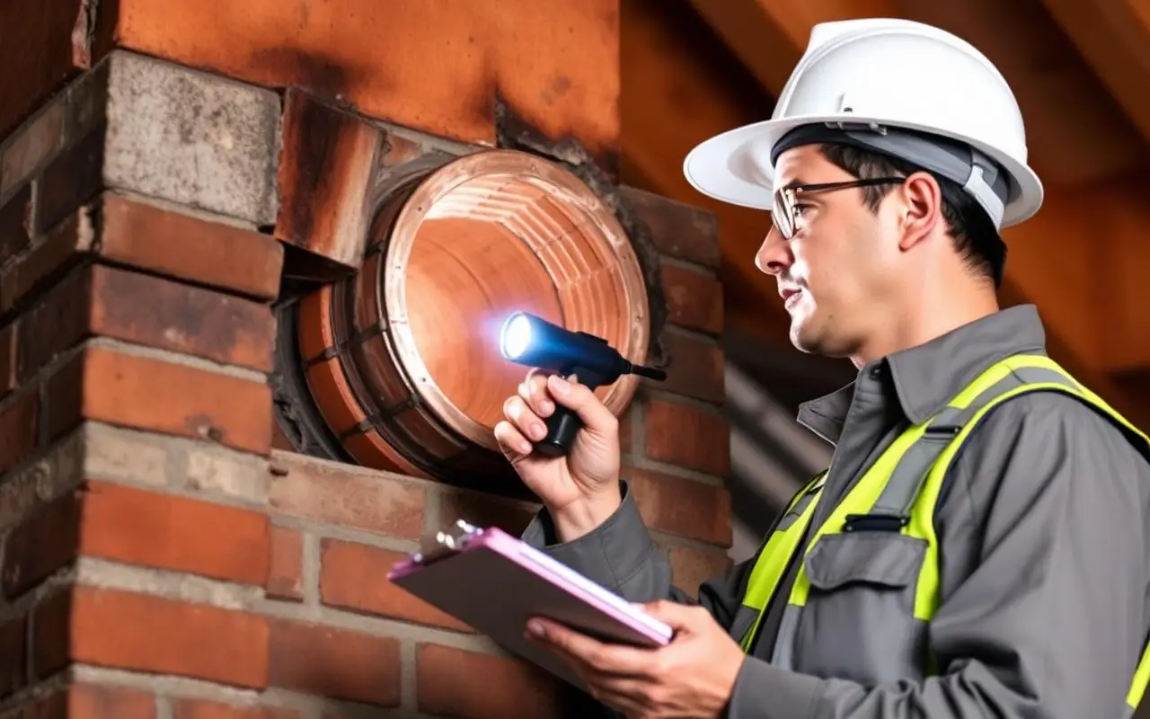 Inspector in a white hard hat and high-visibility vest shining a flashlight into a flue opening in a brick chimney while holding a clipboard