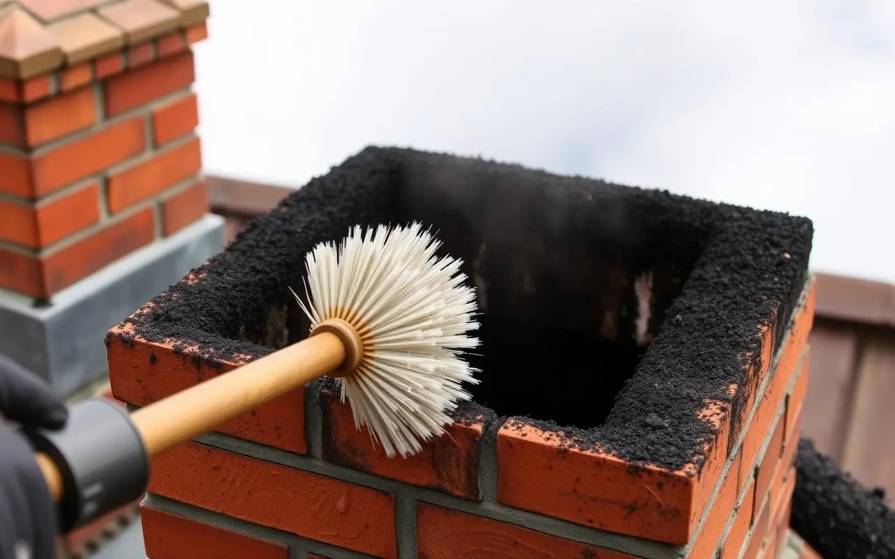 Round white-bristle brush on a pole pushed into the top of a brick chimney, with the flue opening coated in black soot